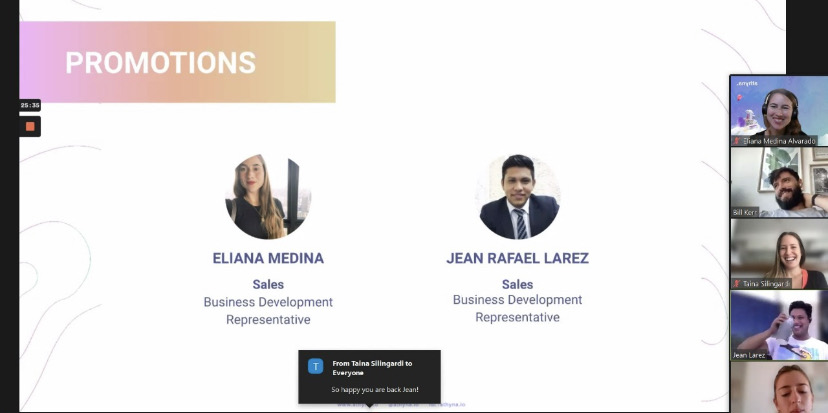 Presentación del equipo anunciando a Eliana como Sales Business Development Representative