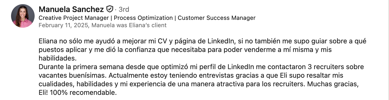 Recomendación de Manuela Sanchez en LinkedIn