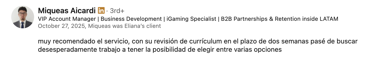 Recomendación de Miqueas Aicardi en LinkedIn