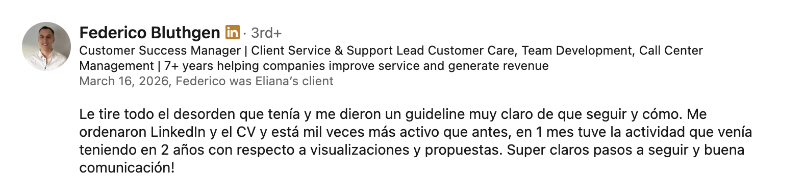 Recomendación de Federico Bluthgen en LinkedIn